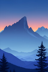 Misty mountains at sunset in blue tone, vertical composition