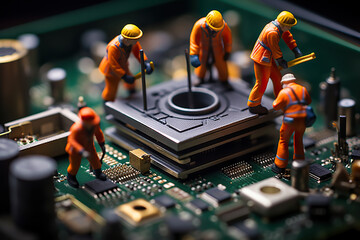 Naklejka premium Technician Team Figurines Conducting Computer Motherboard Maintenance, Embracing the Potential of Generative AI Technology. created with Generative AI