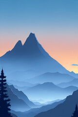 Misty mountains at sunset in blue tone, vertical composition