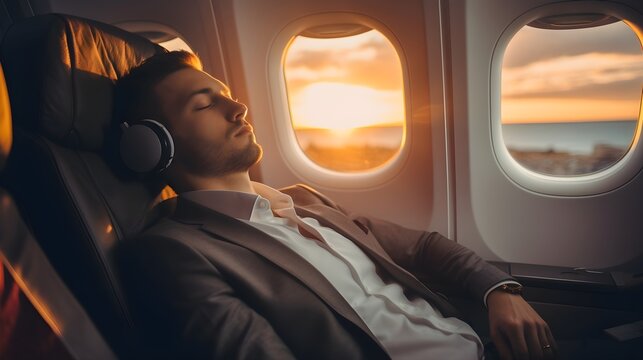 Businessman in plan wearing suit and headset listening music, resting his eyes, generative AI.