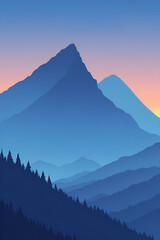 Misty mountains at sunset in blue tone, vertical composition