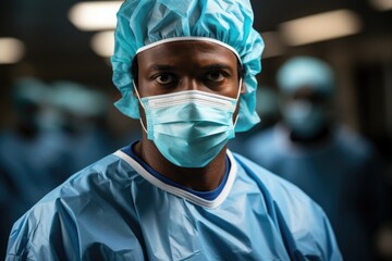 Fototapeta na wymiar Portrait of an african american surgeon in a medical mask in a hospital operating room.
