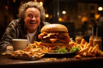 Overweight middle-aged man joyfully indulging in a substantial fast-food meal at a restaurant. - obrazy, fototapety, plakaty