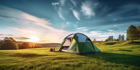 AI Generated. AI Generative. Outdoor nature camping tent on grass. Adventure rest background. Graphic Art