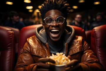 Young african american man with popcorn in a cinema, captivated by the screen in sheer amazement and wonder.