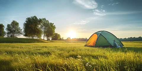  AI Generated. AI Generative. Outdoor nature camping tent on grass. Adventure rest background. Graphic Art © AkimD