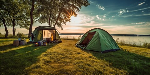 AI Generated. AI Generative. Outdoor nature camping tent on grass. Adventure rest background. Can be used for countryside hiking tour promotion