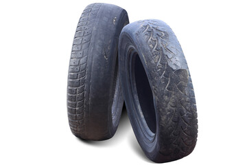 old worn damaged tires isolated on white background - 667808486