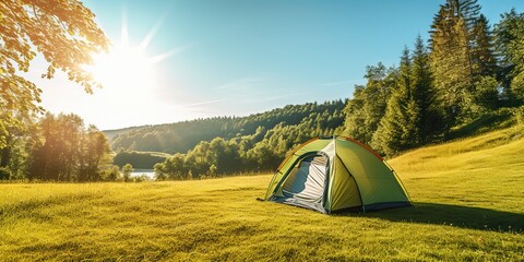 AI Generated. AI Generative. Outdoor nature camping tent on grass. Adventure rest background. Can be used for countryside hiking tour promotion