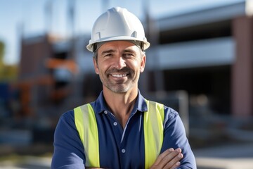 Portrait of an adult male builder in a hard hat