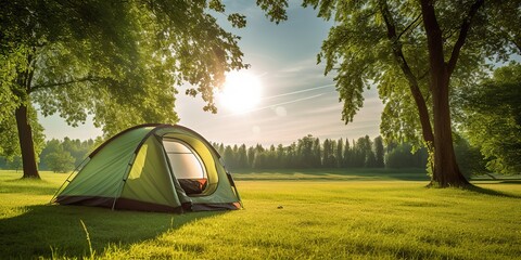 AI Generated. AI Generative. Outdoor nature camping tent on grass. Adventure rest background. Can be used for countryside hiking tour promotion