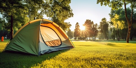 AI Generated. AI Generative. Outdoor nature camping tent on grass. Adventure rest background. Can be used for countryside hiking tour promotion
