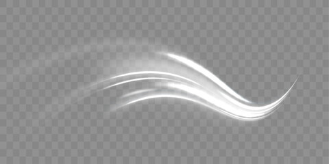 White shiny sparks of spiral wave. Curved bright speed line swirls. Shiny wavy path. Curve light effect of white line. Luminous white circle.