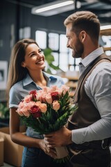 A man at work gives flowers to a woman