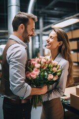A man at work gives flowers to a woman