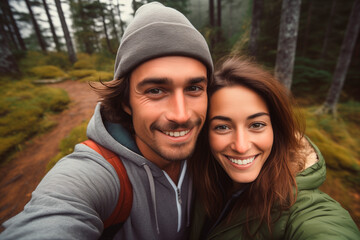 Fototapeta premium Cropped portrait of an affectionate young couple taking selfies while hiking in the forest