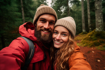 Cropped portrait of an affectionate young couple taking selfies while hiking in the forest