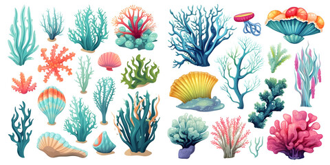Corals and seaweed. Sketch Botanical Illustration. Ocean underwater flora, sea plants. Line art clipart. Vintage pink and blue marine plants. Generative AI