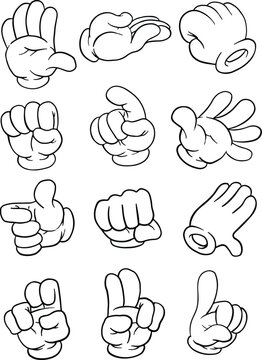Set of cartoon hands showing various gestures. illustrations, line vector set 