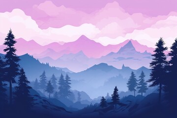 Mystical scenery with mist, forest silhouette, mountains, fog, nature background, pink and violet illustration. Bookmark. Generative AI