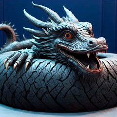 Smiling, friendly dragon made of car tires. Motorcycle tire. Auto Racing Symbol. Tire tread texture. Chinese dragon symbol of  year. 