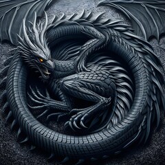 Dragon made of car tires. Motorcycle tire. Auto Racing Symbol. Tire tread texture. Dragon inscribed in a circle. Chinese dragon symbol of  year. 