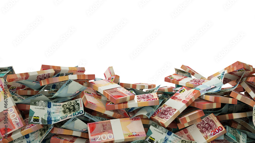 Poster 3d rendering of a lot of stacks of ghanaian cedi notes spread at the on bottom of screen. 3d renderi