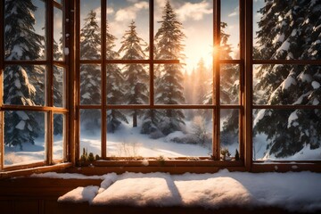 A warmly lit window with a view of a snowy world outside.