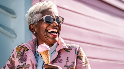 Happy senior African American woman holding ice cream in her hands. - Powered by Adobe