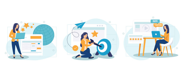 Customer behavior analysis abstract concept vector illustration set. Data driven marketing, user feedback and website rating, online survey, user data, marketing research tool abstract metaphor.	
