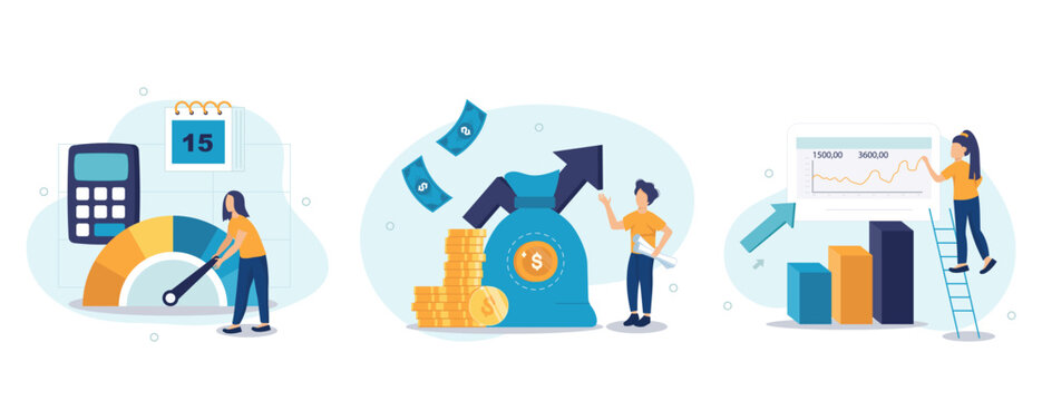Cost optimization concept set. Idea of financial and marketing strategy. Cost and income balance. Spending and cost reduction, while maximizing business value. Isolated flat illustration vector	
