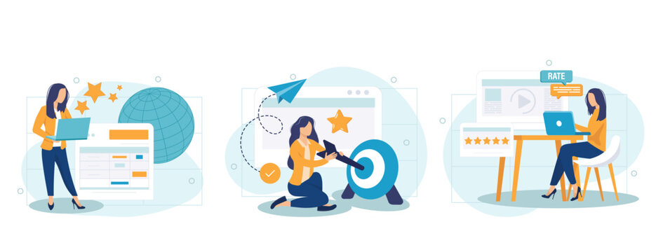 Customer behavior analysis abstract concept vector illustration set. Data driven marketing, user feedback and website rating, online survey, user data, marketing research tool abstract metaphor.	
