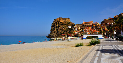 the beach and the Calabrian village of Scilla Italy - obrazy, fototapety, plakaty