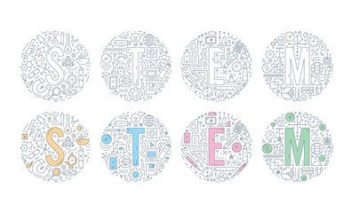 stem training concept. stem and stem symbols in circles. technical drawing robotics training. outline stem concept. science, technology, engineering, mathematics education
