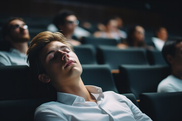 A young student sleeps during a lecture in the auditorium