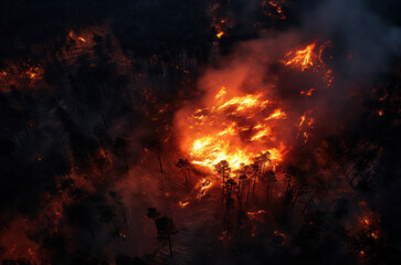 Fire in the forest at night bird's-eye. Burning trees and smoke. Environmental disaster