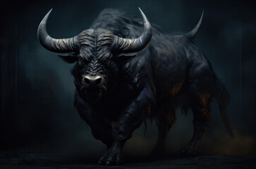 Black buffalo with dog fangs in the dark. Fantasic creature. Fantasy illustration. - obrazy, fototapety, plakaty