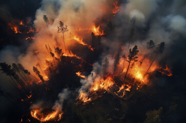 Fire in the forest bird's-eye. Burning trees and smoke. Environmental disaster