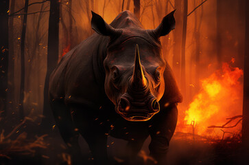 Black scared rhino running from fire in the burning forest. Enviromental disaster.
