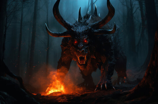 Scaring demonic creature with spikes standing at the bonfire and red eyes in the night fores