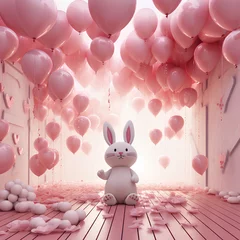 Fotobehang St. Valentines Day festive card with lovely bunny  sitting in a room full of heart shape balloons. Love. Holiday festive design.Illustration created with generative AI technologies © Ludmyla
