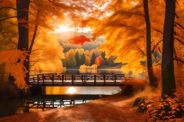 landscape of autumnal nature. Lake bridge amid a forest in the fall. path through the gold forests. romantic scenario in a photograph. Magical pond at sunset. Park with red tree leaves. - Powered by Adobe