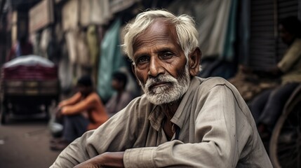 An old man sat pensively around a rundown house
