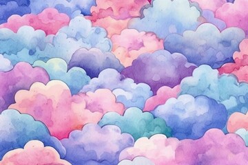 Watercolor clouds in pink, blue, and purple. Pattern suitable for kids and babies. Generative AI