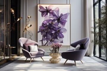 Contemporary lounge with purple chair and stylish decor. Generative AI