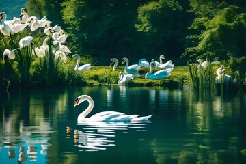Swans on pond, nature series, swan on blue lake water on sunny day.