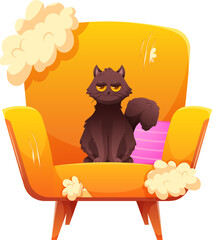 Funny cartoon black cat is sitting with happy face on scratched and broken chair. Vector illustration of naughty pets - obrazy, fototapety, plakaty