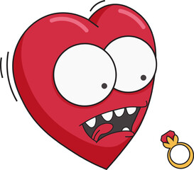 Y2K character heart. Vector image of funny cartoon heart scared of engagement ring