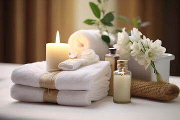Fototapeta na wymiar Serenity in White Spa Center's Towels, Herbal Bags, and Beauty Treatment Essentials Create a Relaxing Oasis. created with Generative AI