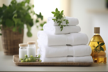 Fototapeta na wymiar Serenity in White Spa Center's Towels, Herbal Bags, and Beauty Treatment Essentials Create a Relaxing Oasis. created with Generative AI